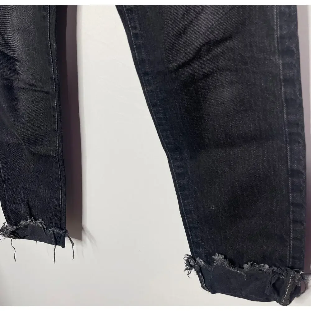 Moussy Vintage 27 Distressed Black Staley Tapered Jeans Button Fly Cotton Fray